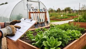 A person in gloves reviews a clipboard beside raised CSA-style garden beds with leafy greens and farm tools in a sustainable outdoor setting.