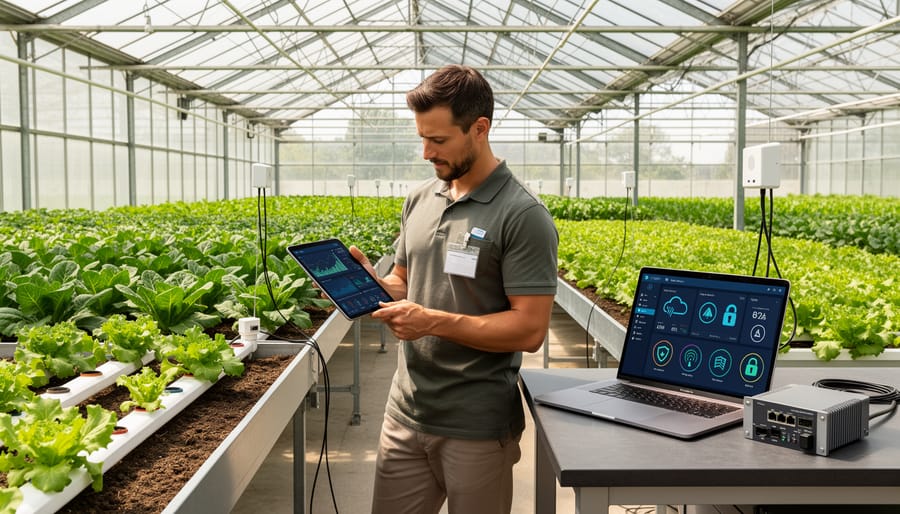 Farmer checking a smartphone while standing near greenhouse sensor equipment and automated vents