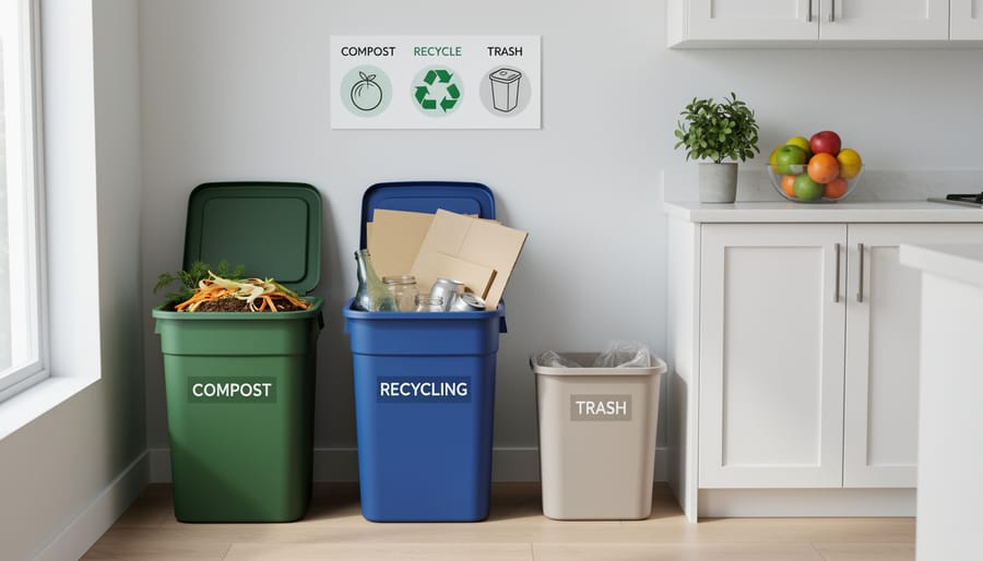 Close-up of a home disposal station with compost and recycling bins next to cleaned glass jars and rinsed paper packaging.