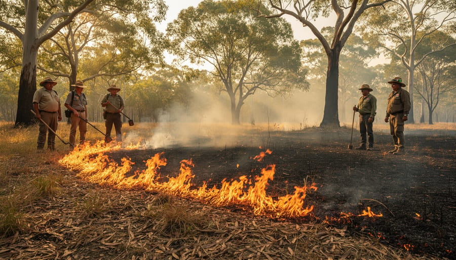 Indigenous fire stewards prepare a small controlled burn on a grassy woodland edge