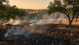 Ground-level controlled burn smoke drifting over a native grass and oak savanna landscape at dusk.
