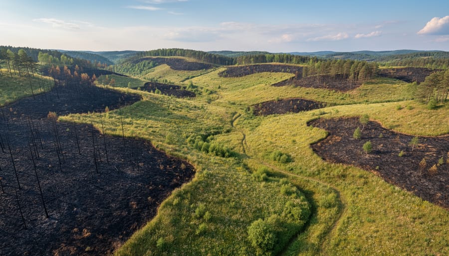 Patchwork of recovering grasses and wildflowers with ash-darkened soil spots after a low-intensity burn