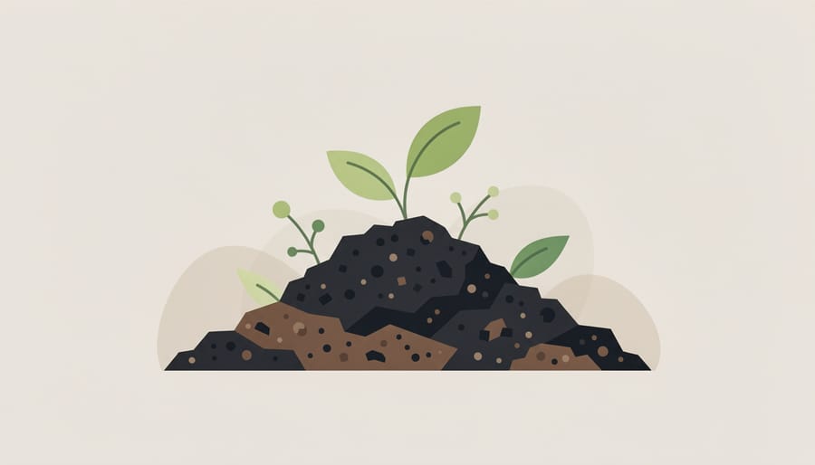 Macro view of dark compost soil with visible decomposing plant matter and partially broken-down compostable packaging fragments.