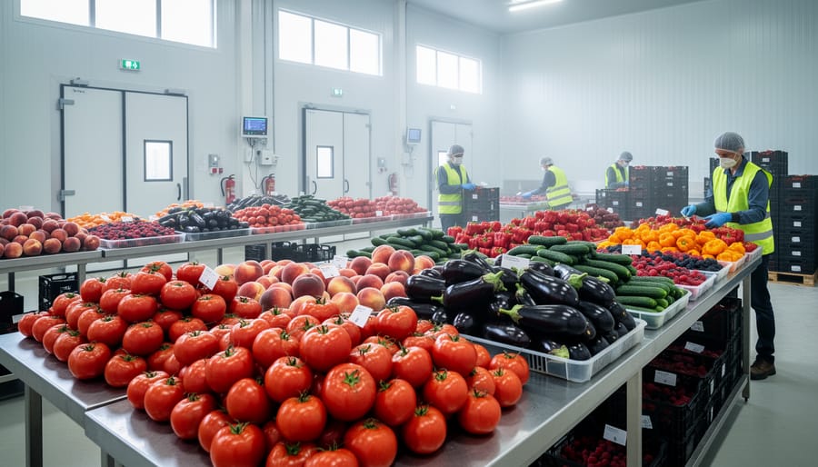 Worker holding mixed summer vegetables near shaded cooling area with greenhouse plants in the background