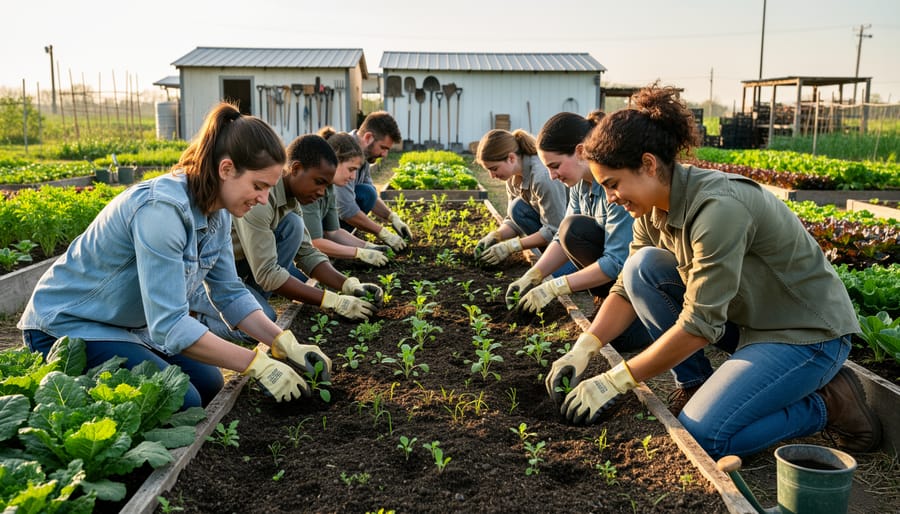 Trainees planting seedlings and watering in an organic vegetable garden bed