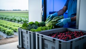 CSA workers loading freshly harvested leafy greens into insulated crates beside a walk-in cooler entrance for rapid post-harvest cooling.