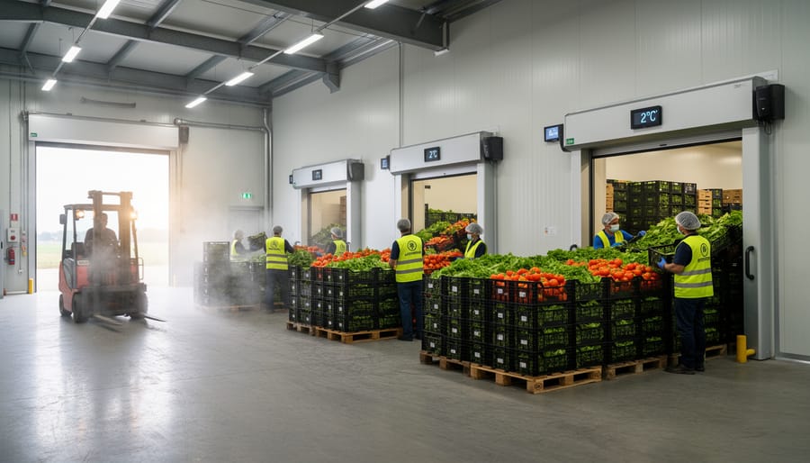 Condensation on insulated bins and stainless cooler shelves with staged produce inside a walk-in cooler